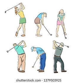 Set of male and female golfers. Collection of golf players in different poses. Vector flat illustration. Isolated black contour and colors. Hand drawn silhouette. Active recreation. Sketch style.
