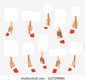Set of male and female hands different nationality in Santa clothes holding cards or signs.  Merry Christmas vector illustration can be used for tournament or contest, news, infographics, banner, card