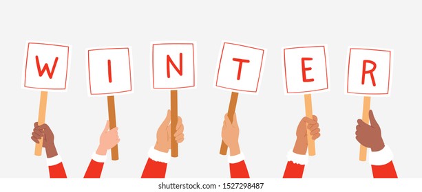 Set of male and female hands different nationality in Santa clothes holding cards or signs.  Merry Christmas vector illustration can be used for tournament or contest, news, infographics, banner, card