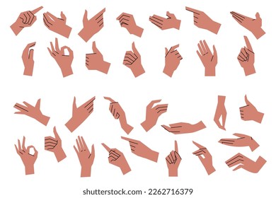 Set of male and female hands with different gestures and positions. Gestures of approval, holding something, pointing, thumbs up, greeting, Ok. Hands in flat table isolated on white background. Vector