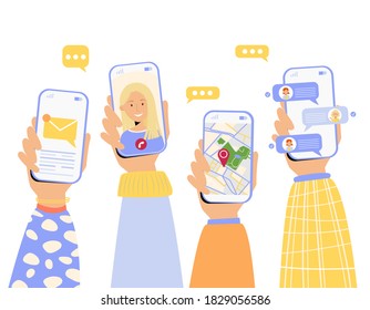 Set of male and female hands holding mobile phones with chat, message notification, gps navigation app, video call with avatar. Communication and technology concept. Vector illustration in flat style
