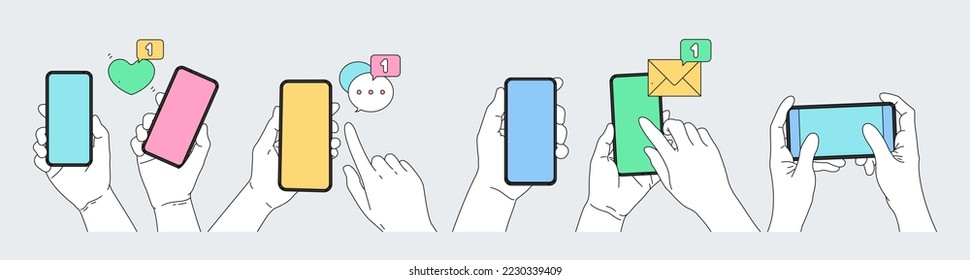 Set of male and female hands holding smartphone with blank screen in different orientation, Mail service concept. Email search, open new mail envelope.open the envelope. Email marketing, newsletter, w