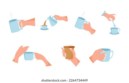Set of male or female hands holding floral ceramic cup, saucer and spoon. Human hand pouring black coffee mug. Drinking tea time, hot drink beverage. Isolated vector illustration