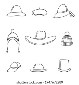 Set of male and female hats. Contour linear image of headwear on a white background. Isolated image.