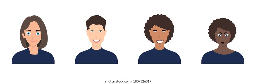 Set of male and female head silhouettes avatar, profile icons in flat style