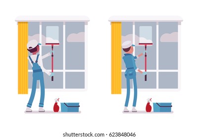 Set of male and female janitor in a blue suit window washing indoors with squeegee, professional home and office service, spring cleaning duty, isolated on white background, rear view