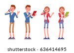 Set of male and female millennial, trendy smart casual dressing, beige chino and jeans shorts, standing using gadget, phone, tablet, vector flat style cartoon illustration, isolated, white background