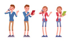 Set of male and female millennial, trendy smart casual dressing, beige chino and jeans shorts, standing using gadget, phone, tablet, vector flat style cartoon illustration, isolated, white background