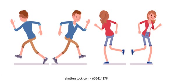 Set of male and female millennial, trendy haircut, smart casual dressing, happy and angry, running fast, front, rear view, vector flat style cartoon illustration, isolated on white background