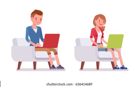 Set of male and female millennial, trendy haircut, smart casual dressing, sitting on armchair, working with laptop, coworking space, vector flat style cartoon illustration, isolated, white background