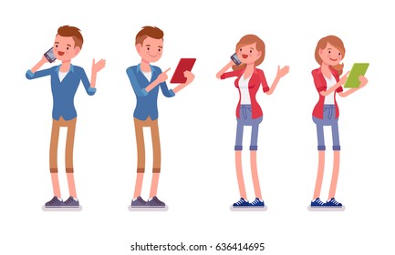 Set of male and female millennial, trendy smart casual dressing, beige chino and jeans shorts, standing using gadget, phone, tablet, vector flat style cartoon illustration, isolated, white background