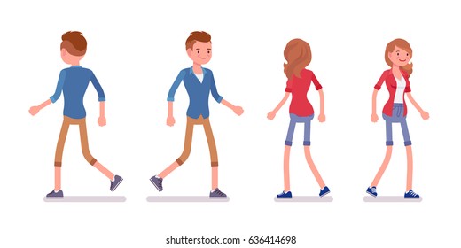 Set of male and female millennial, trendy haircut, smart casual dressing, beige chino and jeans shorts, walking, front, rear view, vector flat style cartoon illustration, isolated, white background