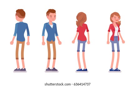 Set of male and female millennial, trendy hairstyle, smart casual dressing, chino shorts, standing pose, smiling, front, rear view, vector flat style cartoon illustration, isolated, white background