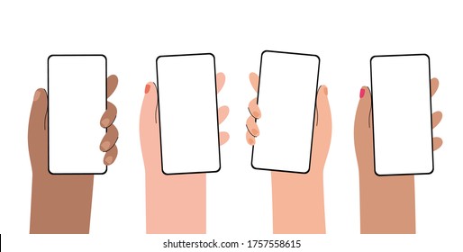 Set of male or female multicultural hands with new smartphones. Template or blank white screen for advertising application and any information. Flat vector illustration.