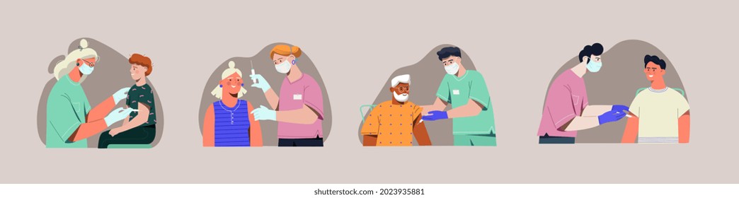 Set of male and female nurses vaccinating people with injection to prevent from diseases and viruses. Concept of adults, children and elderly patients vaccination. Flat cartoon vector illustration