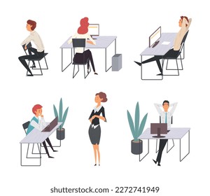 Set of male and female office employees. Business people in formal clothes working at computers in office cartoon vector illustration