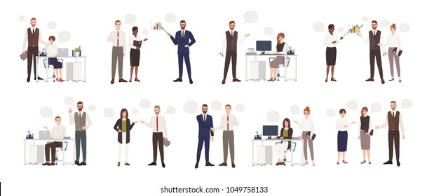 Set of male and female office workers talking to each other. Business people or clerks communicating with colleagues, negotiating, making presentations. Flat cartoon colorful vector illustration