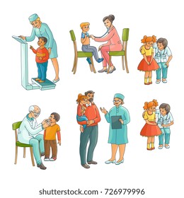 Set of male and female pediatrician, doctor doing medical exam for kids, children,flat cartoon vector illustration isolated on white background. Set of kids, children and doctors, pediatricians