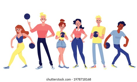 A set of male and female persons holding bowling balls and play in sport game. Fun activity at leisure. Flat cartoon vector illustrations isolated on white.