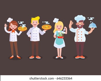 Conjunto de Chef de Pizza Masculina y Femenina. Ilustración vectorial plana, estilo de caricatura. Los personajes son buenos para la animación.