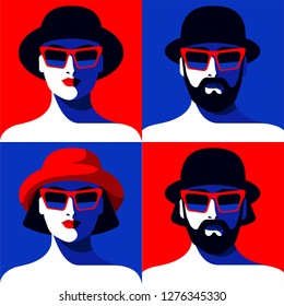 Set of male and female portraits. Abstract young woman and bearded man wearing hat and sunglasses. Vector illustration