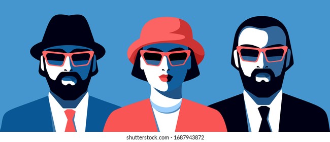 Set of male and female portraits. Bearded men and young woman in hat and sunglasses. Vector illustration