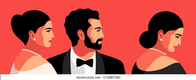 Set of male and female portraits. Bearded man wearing tuxedo and  bow tie. Woman wearing evening  dress, earrings and necklace. Vector illustration