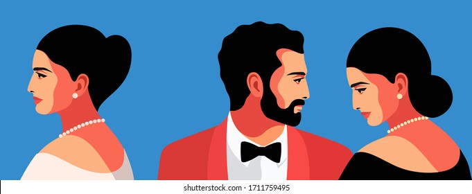 Set of male and female portraits. Bearded man wearing tuxedo and  bow tie. Woman wearing evening  dress, earrings and necklace. Vector illustration