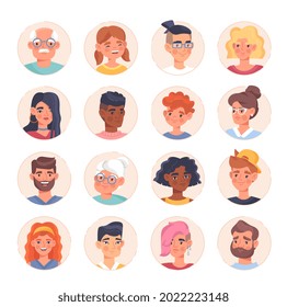 Set With Male And Female Portraits With Diferent Emotions As Profile Avatar. Collection Of Different Men And Women Completing Social Profile With Avatar Picture. Flat Cartoon Vector Illustration