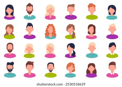 Set male and female portraits. Man and woman user avatar profile. Faces of boys and girls with different hairstyles. Vector people characters. Illustration in flat style.