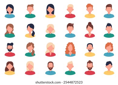 Conjunto de retratos masculinos y femeninos. Perfil de avatar de usuario hombre y mujer. Rostros de niños y niñas con diferentes peinados. Personajes de personas de Vector. Ilustración en estilo plano.