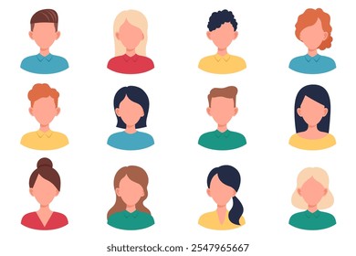 Set male and female portraits. Man and woman user avatar profile. Faces of boys and girls with different hairstyles. Vector people characters. Illustration in flat style.