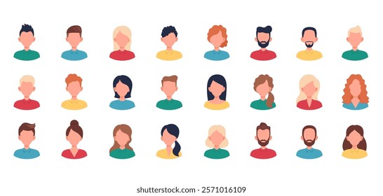 Set male and female portraits. Man and woman user avatar profile. Faces of boys and girls with different hairstyles. Vector people characters. Illustration in flat style.