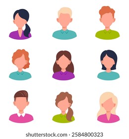 Set male and female portraits. Man and woman user avatar profile. Faces of boys and girls with different hairstyles. Vector people characters. Illustration in flat style.