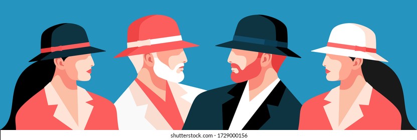 Set of male and female portraits, side view. Bearded man and young woman with long hair, wearing suit and hat. Red, black and gray hair. Vector illustration