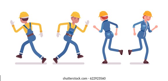 Set of male and female professional busy industrial service worker in running pose, wearing yellow protective hardhat, blue suit, full length, front, rear view, isolated, white background