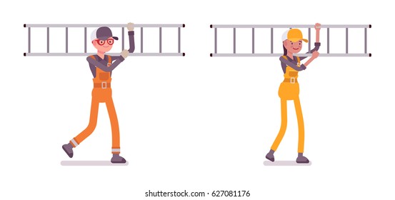Set of male and female professional busy industrial service worker in walking pose, wearing bright orange, yellow overall, holding ladder on the shoulder, full length, isolated on white background