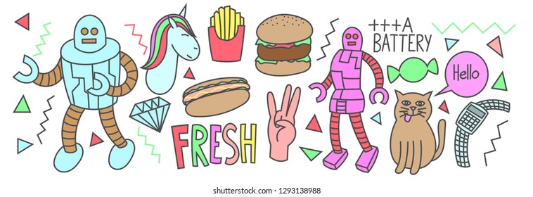 Set of male and female robot, unicorn, stickers, print, t shirt, valentines day