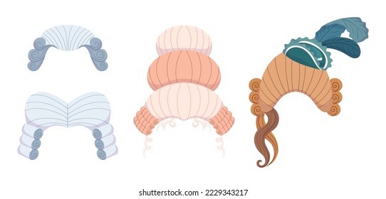 Conjunto de pelucas rococó macho y hembra aisladas en fondo blanco. Periodos renacentistas europeos y Peruke para hombres y mujeres. Moda Vintage, Elementos De Vestimenta Del Siglo Xviii. Ilustración del vector de dibujos animados