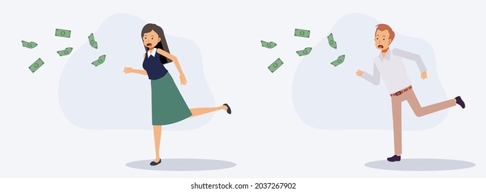 Set Of Male And Female Running Up To Catching Money Note.Lack Of Money Concept. Flat Vector 2d Cartoon Character Illustration.