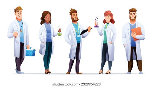 Set of male and female scientist characters in cartoon style