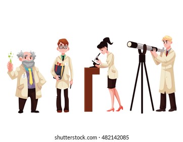 Set of male and female scientists, cartoon style vector illustration isolated on white background. Chemist, physicist, biologist, astronomer. Collection of scientists in white gowns