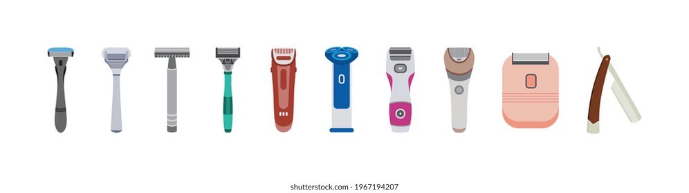 Set of male and female shave accessories. Electric and straight razors, shavers with sharp blades, tools for hair removal. Flat vector illustrations isolated on white.