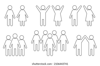 set of male and female silhouettes; pair, with hands up, leader - vector illustration