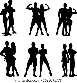 Set of Male and Female Silhouttes exercising in gym Hand drawn sketch vector illustration
