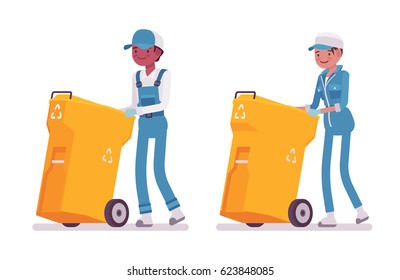 Set of male and female smiling janitor in a blue suit pushing yellow trash can on wheels, plastic garbage container, professional home and office service, isolated on white background