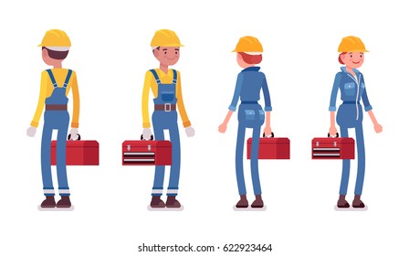Set of male and female smiling professional worker in yellow protective hardhat, blue builder suit, holding red toolbox, front, rear view, isolated, white background