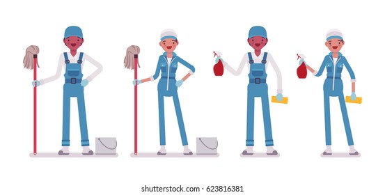 Set of male and female smiling young janitor in a blue suit, standing, holding cotton string rag mop, spray bottle, ready for cleaning, home and office service, isolated on white background