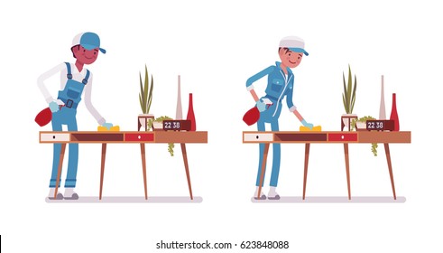 Set of male and female smiling young janitor in a blue suit, dusting the desk, polishing with spray, professional home and office service, isolated on white background