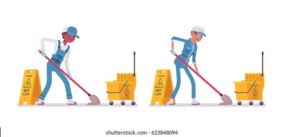 Set of male and female smiling young janitor in a blue suit, mopping the floor, yellow cleaning cart with bucket, caution wet floor sign, home and office service, isolated on white background